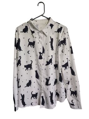 White Cat Print Button-Up Shirt